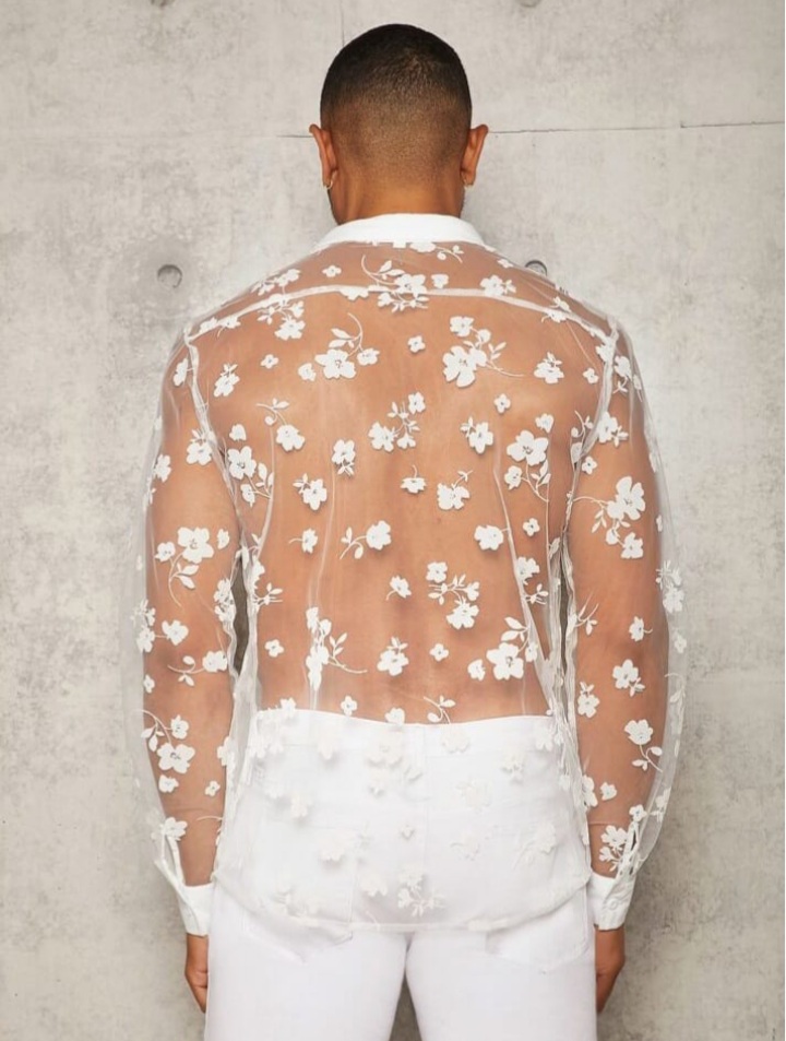 Men's Floral Print See Through Long Sleeve Button Up Plain Shirt